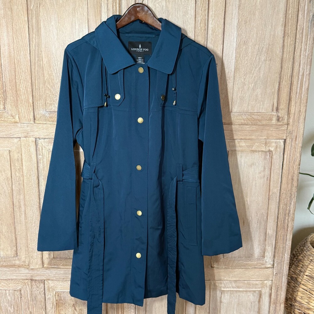 London Fog Women's XXL Dark Teal Hooded Belted Trench Rain Coat Water Resistant